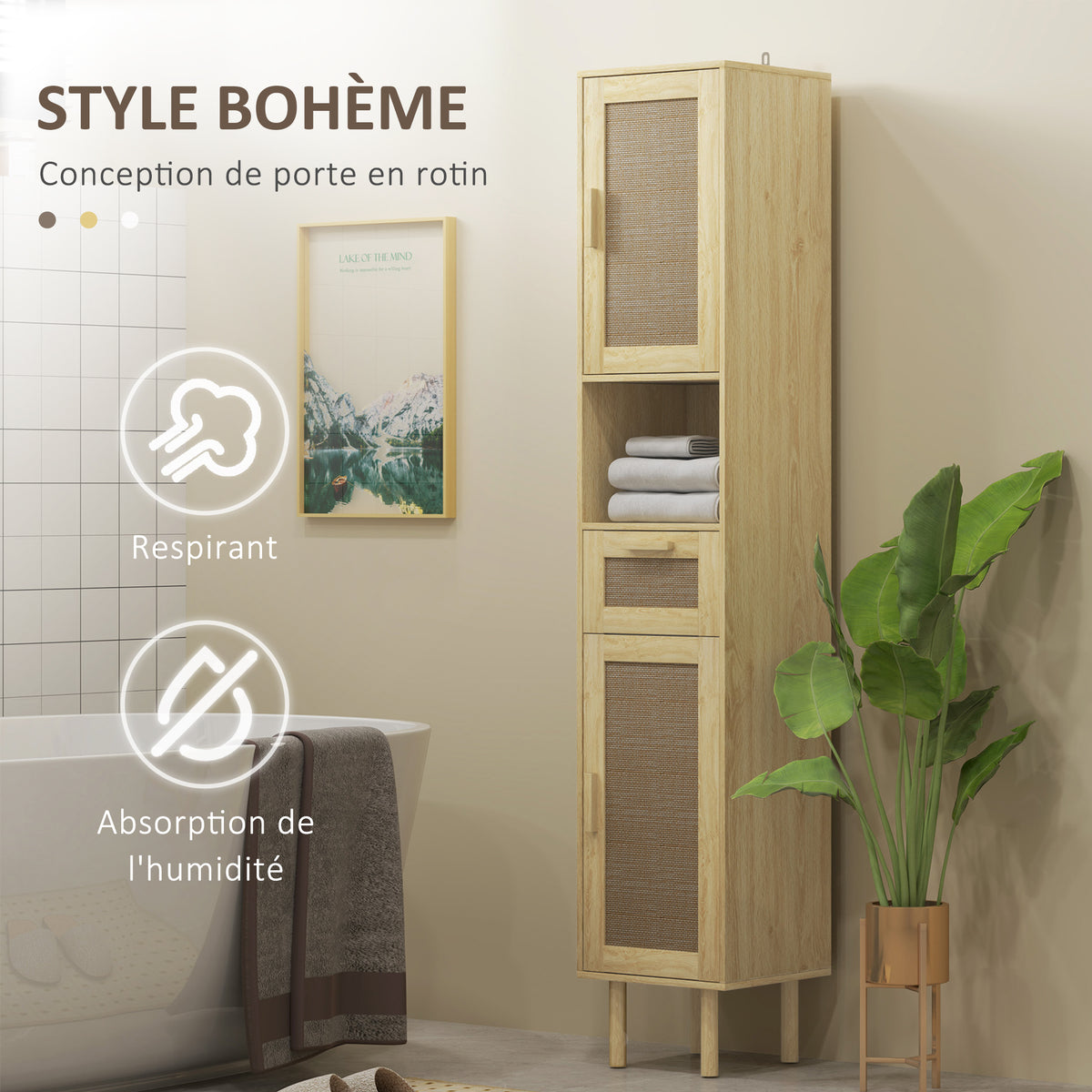 Meuble salle de bain colonne rangement salle de bain avec portes en rotin tiroir 2 placards 32 x 30 x 170 cm chêne-3