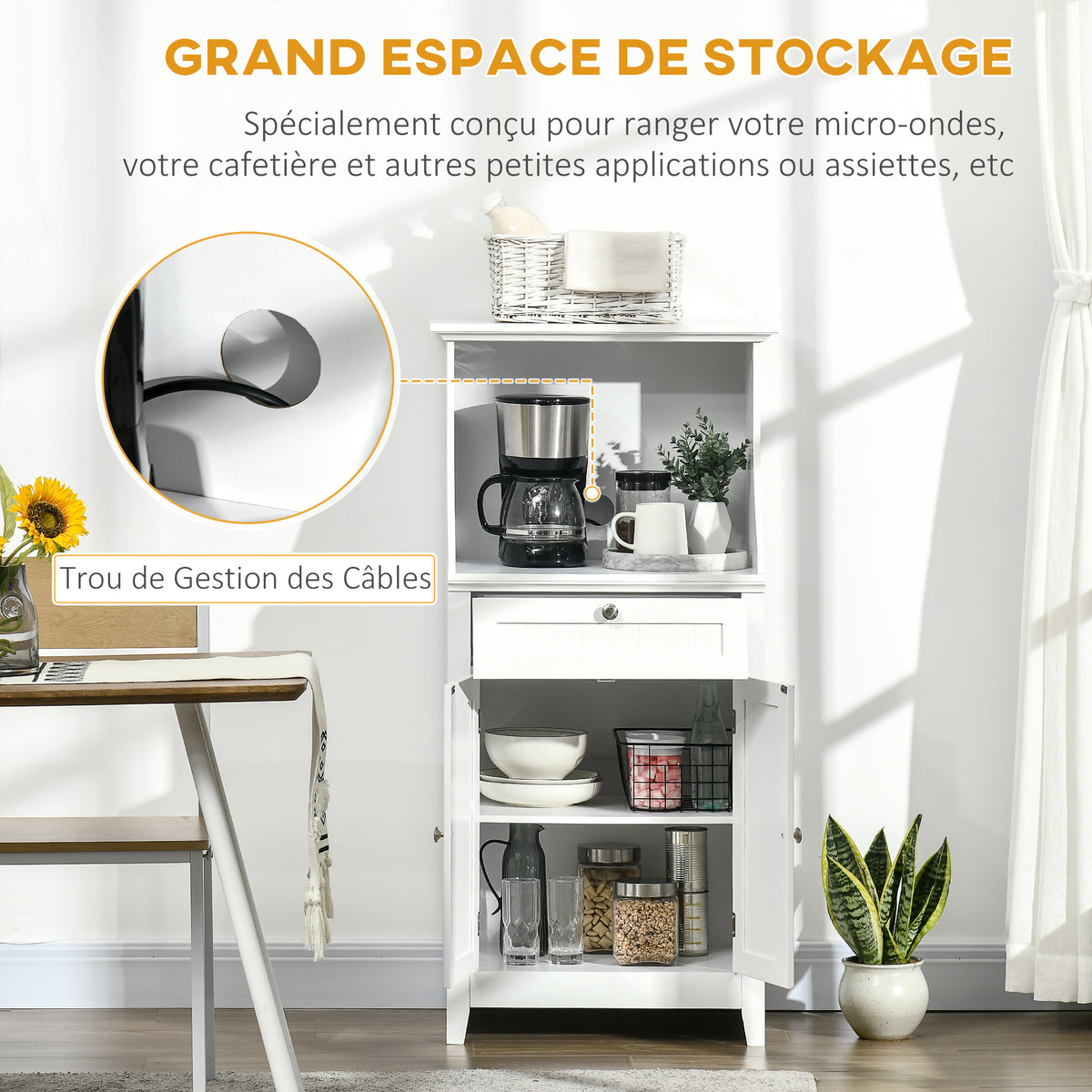 Meuble armoire micro-ondes pour cuisine avec 1 tiroir, 2 Portes 60 x 40 x 122,5 cm - MDF - Blanc-3