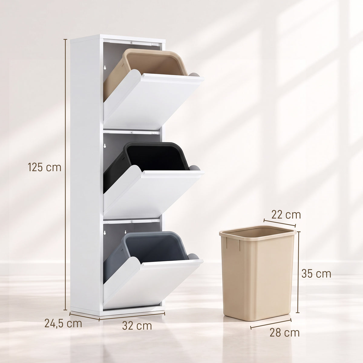 Meuble Poubelle de Tri Sélectif, Poubelle de Recyclage 45 L (3 x 15 L), 3 Compartiments, Portes à Fermeture Douce, Blanc-2