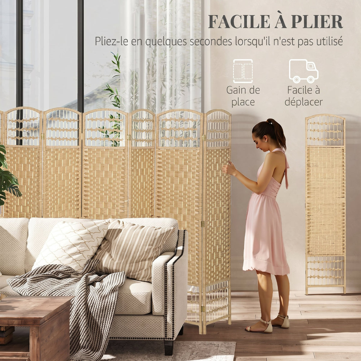 Paravent intérieur en bois séparateur de pièce cloison pliable 8 panneaux 320 x 170 cm bois naturel-3