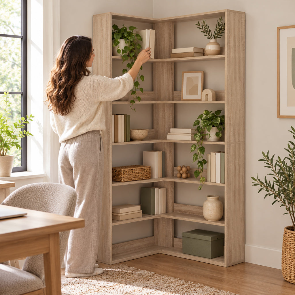 Bibliothèque d'Angle 7 Niveaux, Étagère de Rangement en Forme L avec Rebords Arrière Anti-Chute, Effet Bois Naturel-7