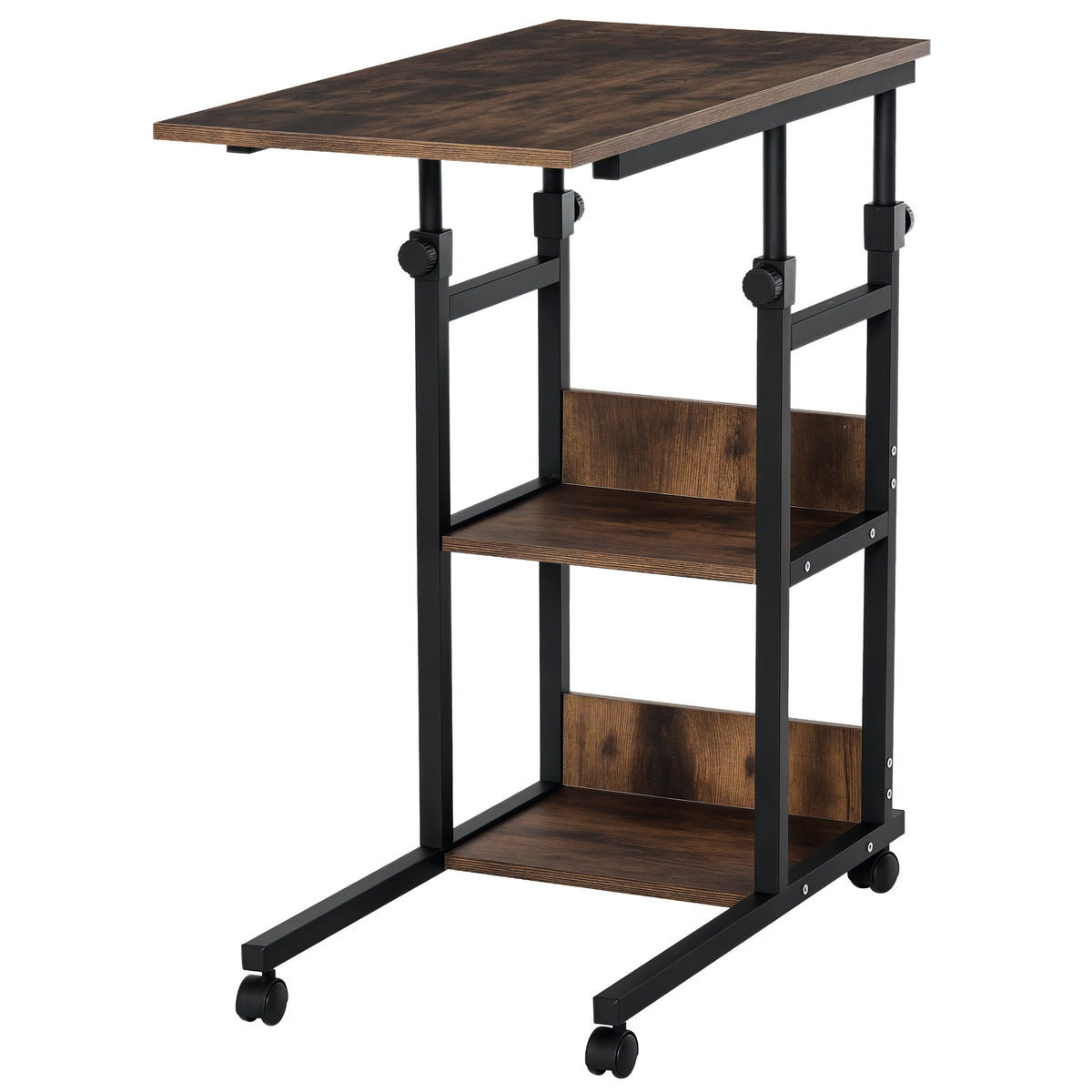 Table d'appoint Bout de canapé Table roulante Table de Lit pour Ordinateur Portable Hauteur réglable - 2 étagères intégrées - cadre métal, 80 x 40 x 72-82 cm, Marron-0