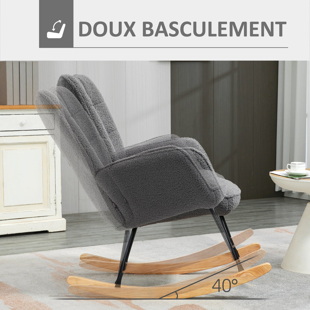 Fauteuil à bascule rocking chair revêtement effet laine bouclée, structure en acier 71 x 98 x 101 cm Gris foncé-3