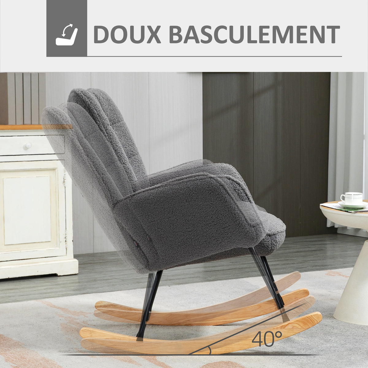Fauteuil à bascule rocking chair revêtement effet laine bouclée, structure en acier 71 x 98 x 101 cm Gris foncé-3