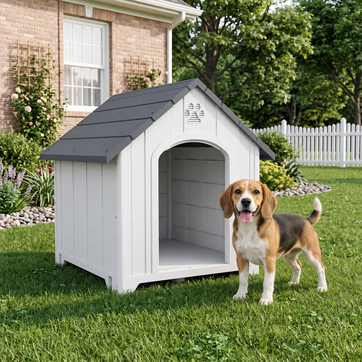 Niche pour chien extérieur, maison chien en polypropylène imperméable ventilé plancher surélevé 76x66x77cm gris clair-9