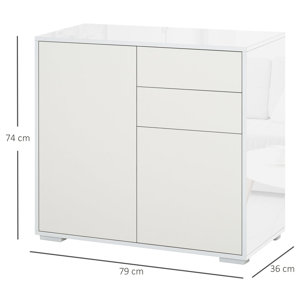 Meuble rangement buffet commode armoire 2 tiroirs 2 placards portes, étagères chambre, 79x36x74cm blanc-2