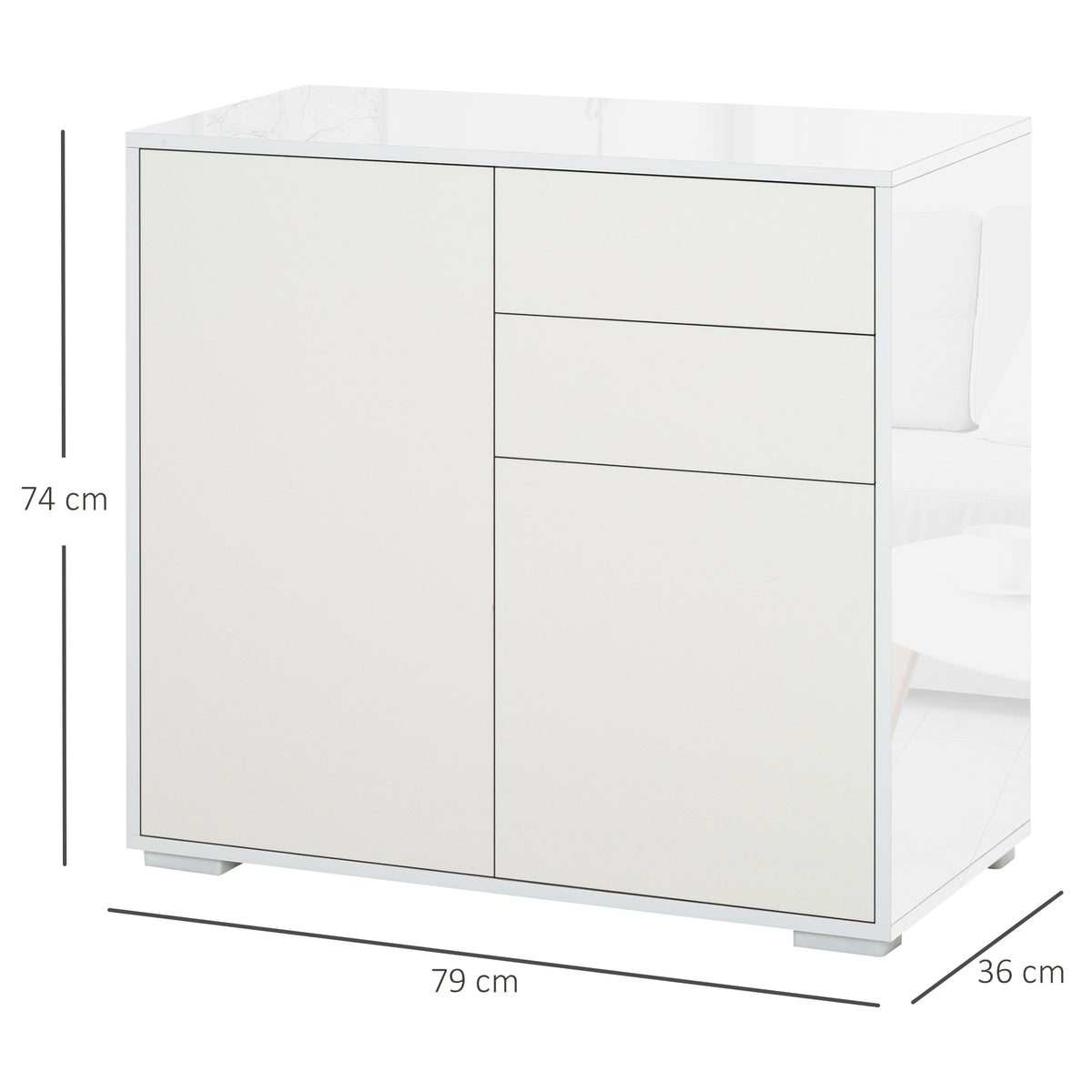 Meuble rangement buffet commode armoire 2 tiroirs 2 placards portes, étagères chambre, 79x36x74cm blanc-2