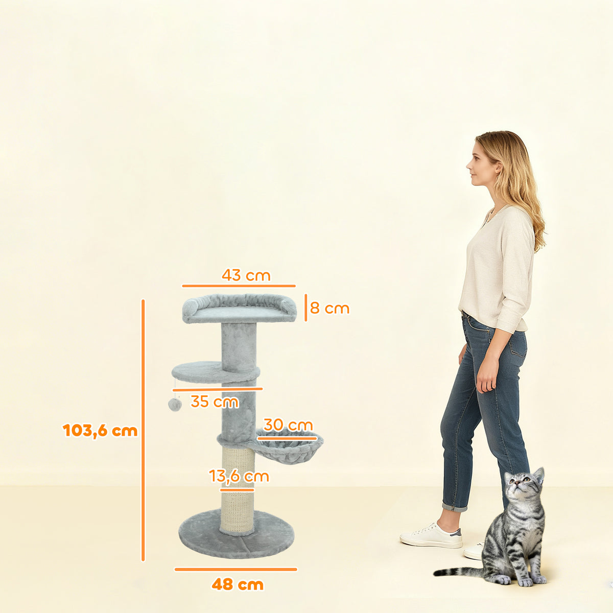 Arbre à chat tonneau à gratter pour chats griffoir en sisal, hamac, plateforme, balle jouet, Ø 48 x 103,5 cm, gris clair-2