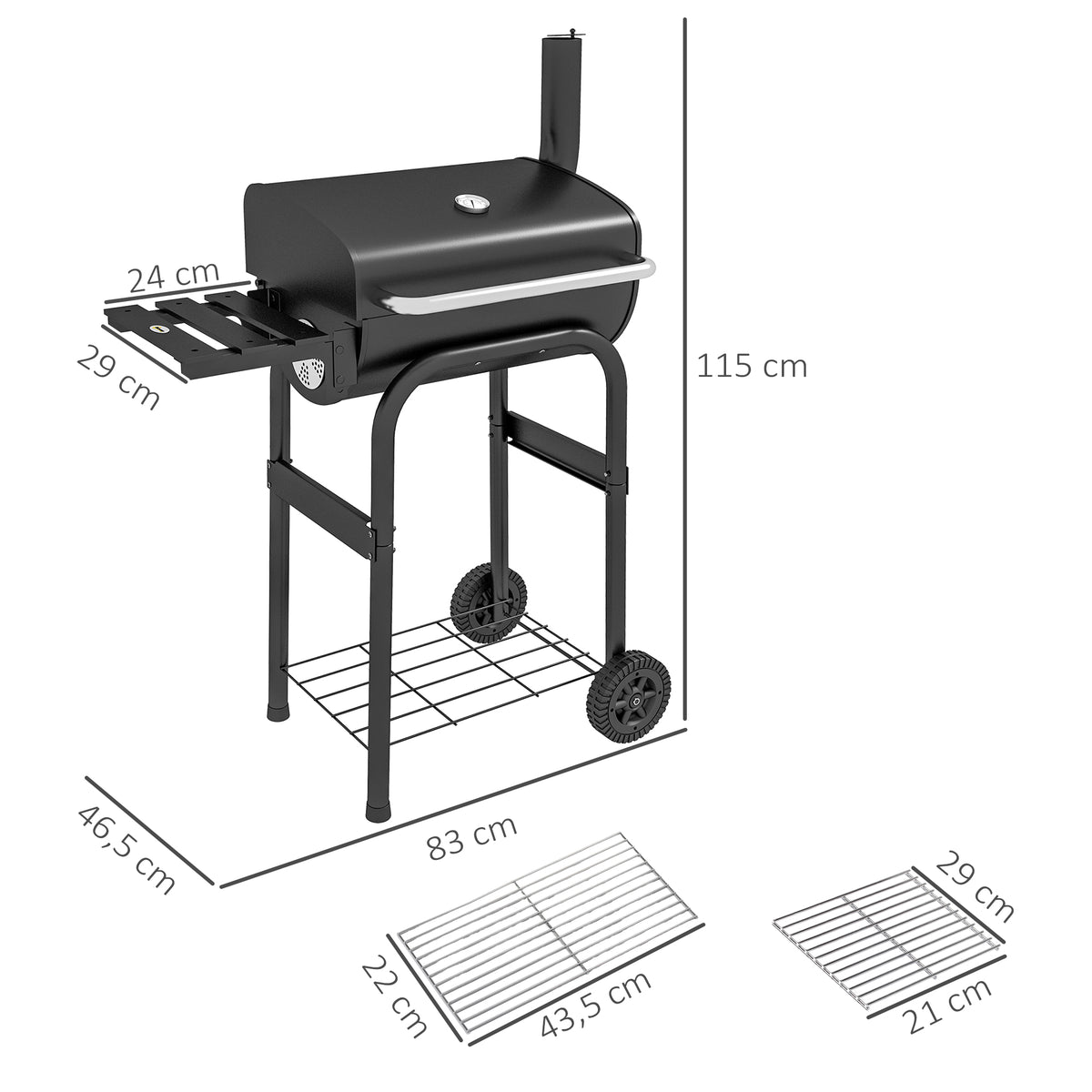 Barbecue au charbon de bois chariot de BBQ, avec étagères, roulettes, couvercle, thermomètre, cheminée, en métal noir-2
