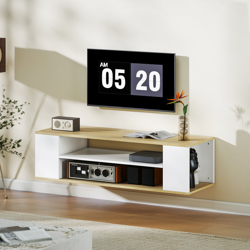 Meuble TV avec roulettes 120 cm, meuble télé pour téléviseur jusqu'à 55 pouces, 2 étagères ouvertes, blanc et naturel-9