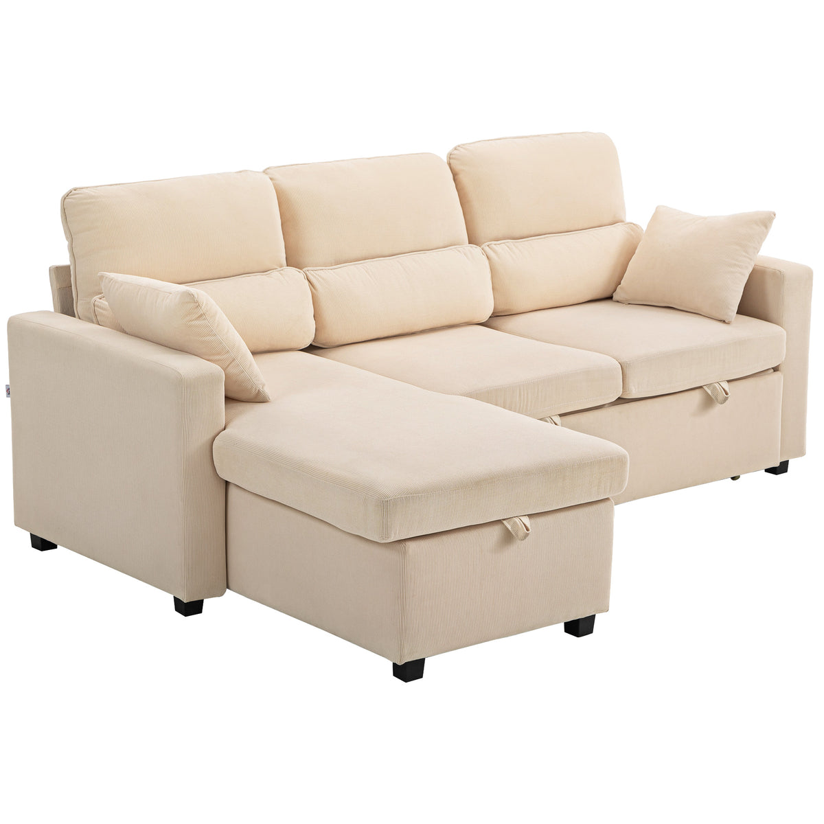 Canapé d'angle convertible en velours côtelé, canapé-lit 3 places avec rangement caché, coussins, 205x135x76cm, beige-0