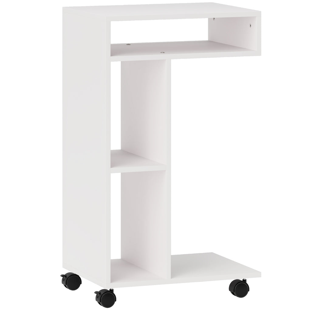 Table d'appoint en forme de C avec roulettes, avec 3 compartiments et 1 étagère ouverte, 40 x 30 x 69 cm, blanc-0