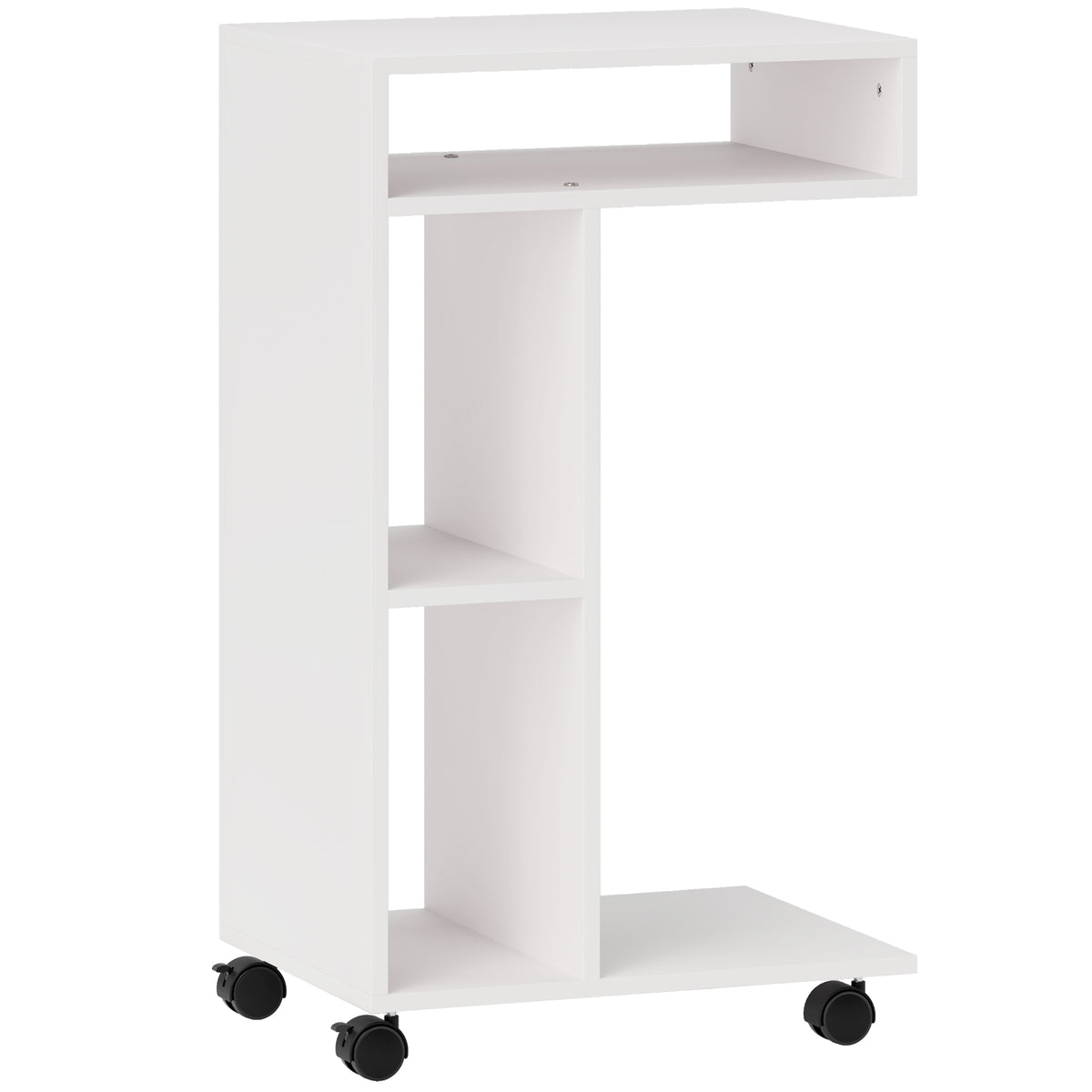 Table d'appoint en forme de C avec roulettes, avec 3 compartiments et 1 étagère ouverte, 40 x 30 x 69 cm, blanc-0