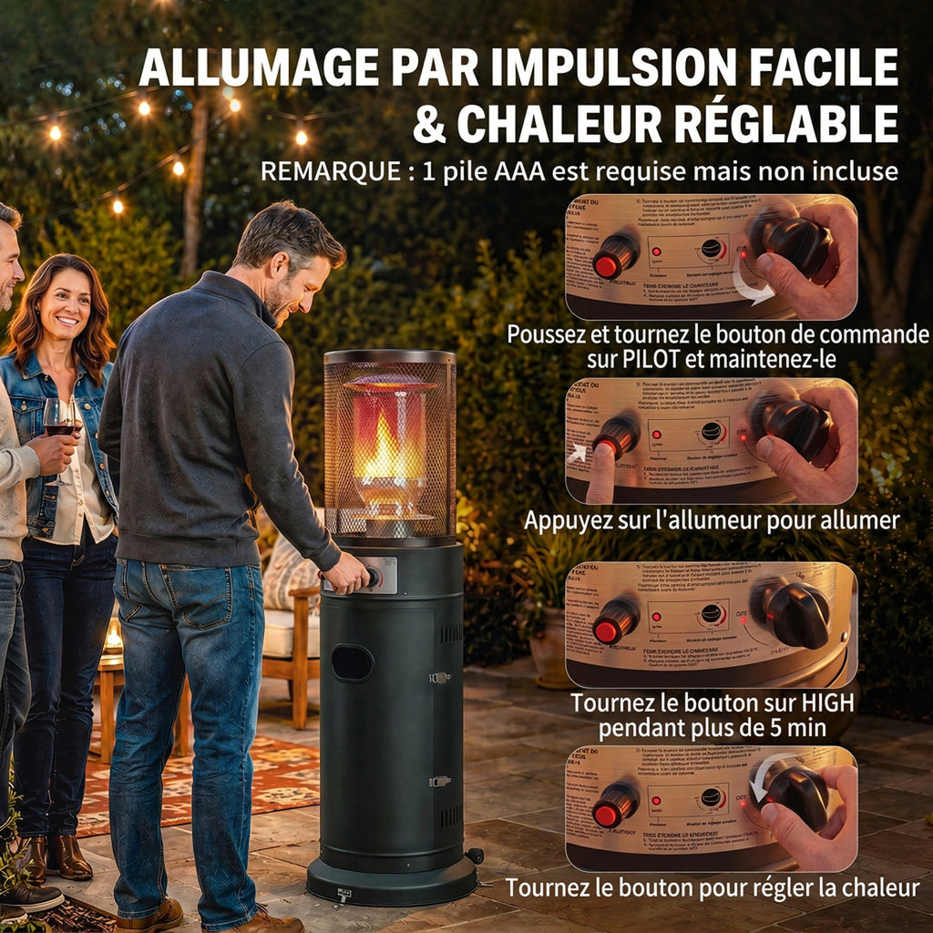 Parasol Chauffant Gaz 11 kW 30 m² Roulettes, Réglage Continu, Grille de Protection, Anti-surchauffe, 52x46x137cm, Noir-5
