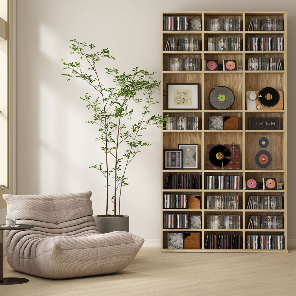 Rangements pour CD et DVD, étagère rangement 1116 CD/528 DVD, 36 compartiments et étagères réglables, chêne-8
