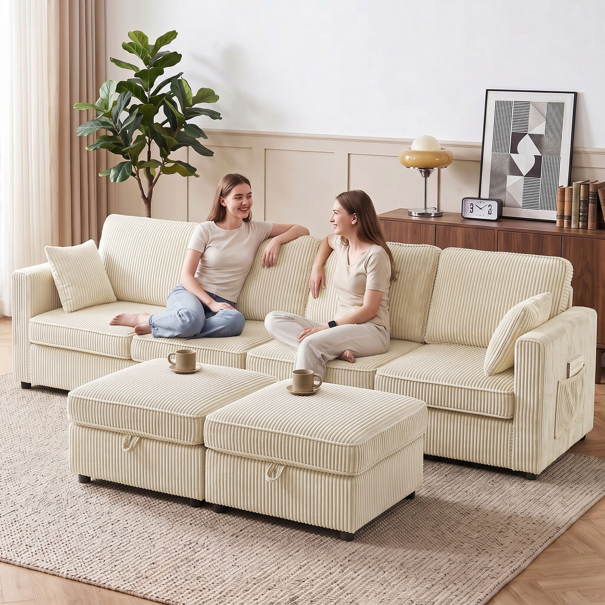 Canapé 4 Places avec 2 Poufs de Rangement, Canapé d'Angle Modulable en U 306 cm en Velours Côtelé, 4 Coussins, Crème-9