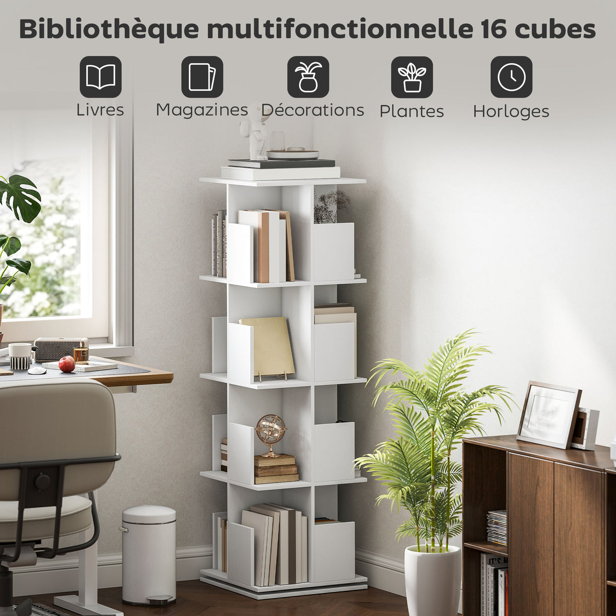 Bibliothèque rotative à 4 niveaux, étagère rangement avec 16 compartiments, 39 x 39 x 128,3 cm, blanc-4