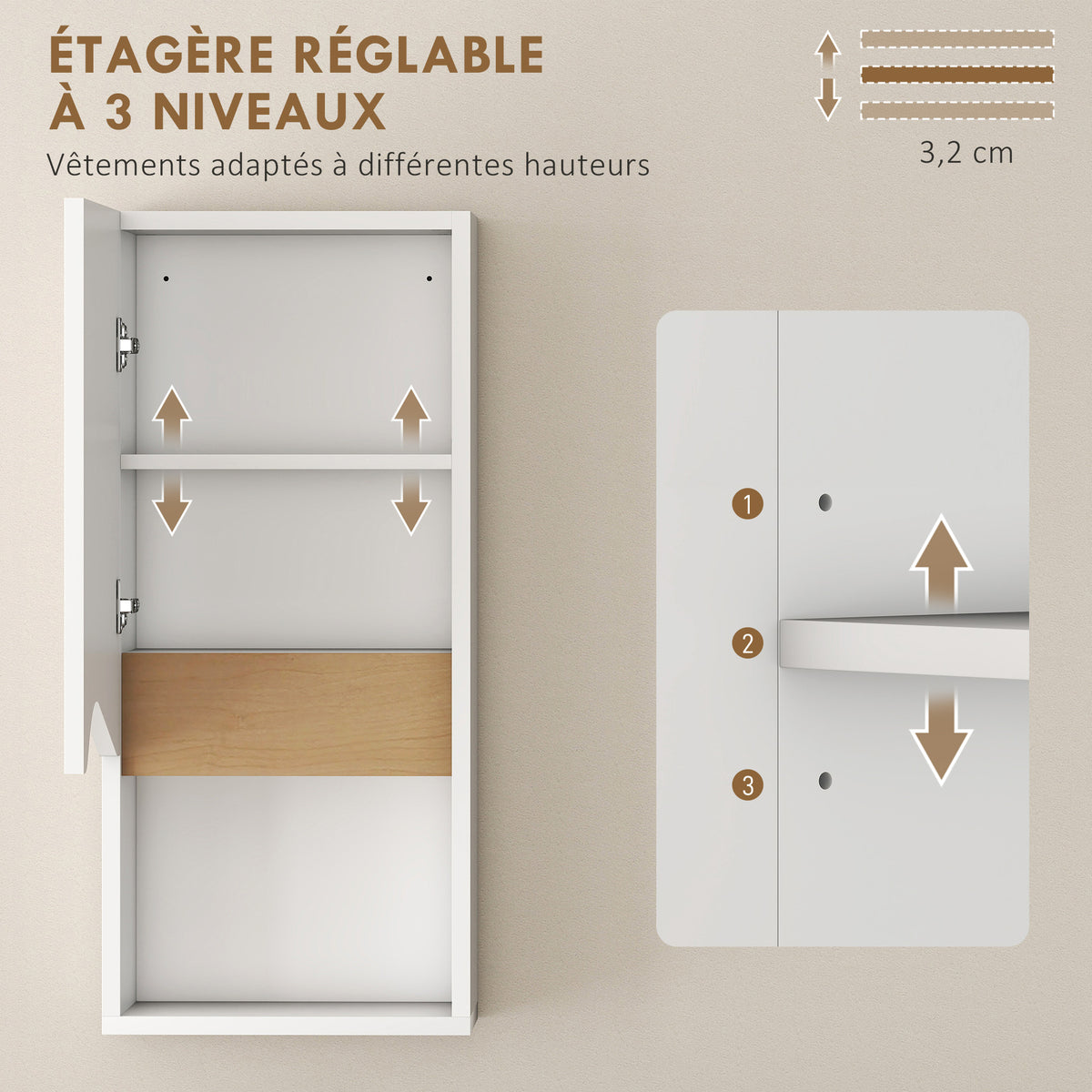 Armoire murale de salle de bain avec porte à fermeture douce, étagère réglable et compartiment ouvert, 30x17x67cm, blanc-5