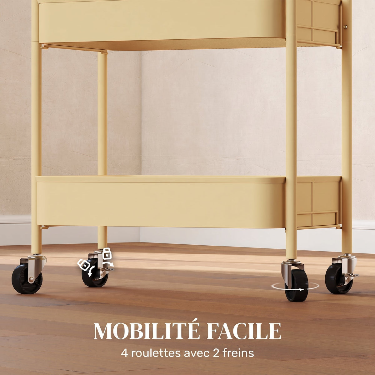 Desserte, Chariot de Rangement en Acier, Chariot de Service à Roulettes, 3 Plateaux Ajourés, 45 x 30,6 x 79 cm, Jaune-4