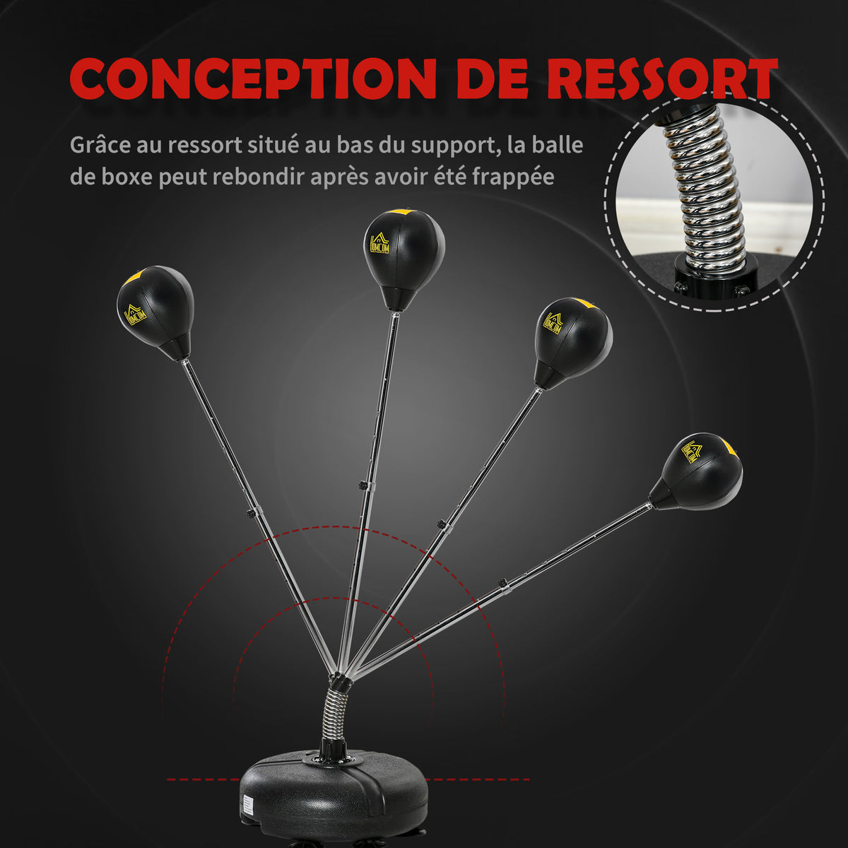 Punching ball sur pied réglable hauteur 133 -151 cm, sac de frappe sur pied 2 gants base lesté 45 x 45 x 133-151 cm noir-5