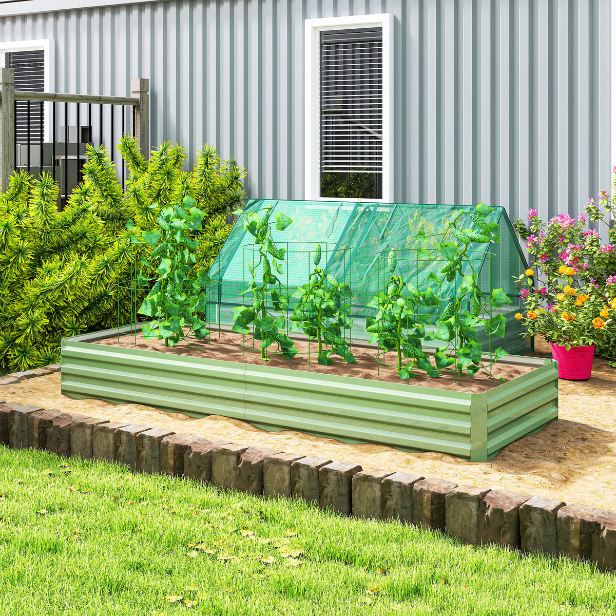 Carré Potager de Jardin Rectangulaire Jardinière Extérieure 241 x 90,5 x 30 cm Tôle d'Acier Ondulée Vert Clair-1