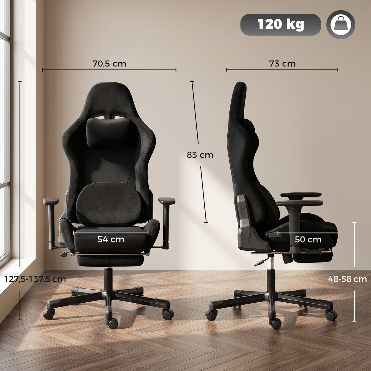 Chaise Gaming Ergonomique Massante et Coussin Lombaire Chauffant, Fauteuil Gaming Inclinable en Lin, Accoudoirs 3D, Noir-2