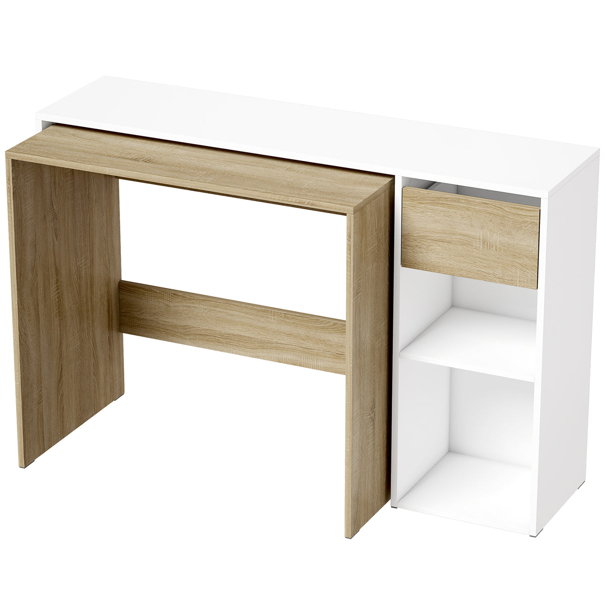 Bureau d'Ordinateur Gigogne Lot de 2, Bureau Informatique 80/117 cm avec Tiroir et Étagères Ouvertes, Blanc et Chêne-0