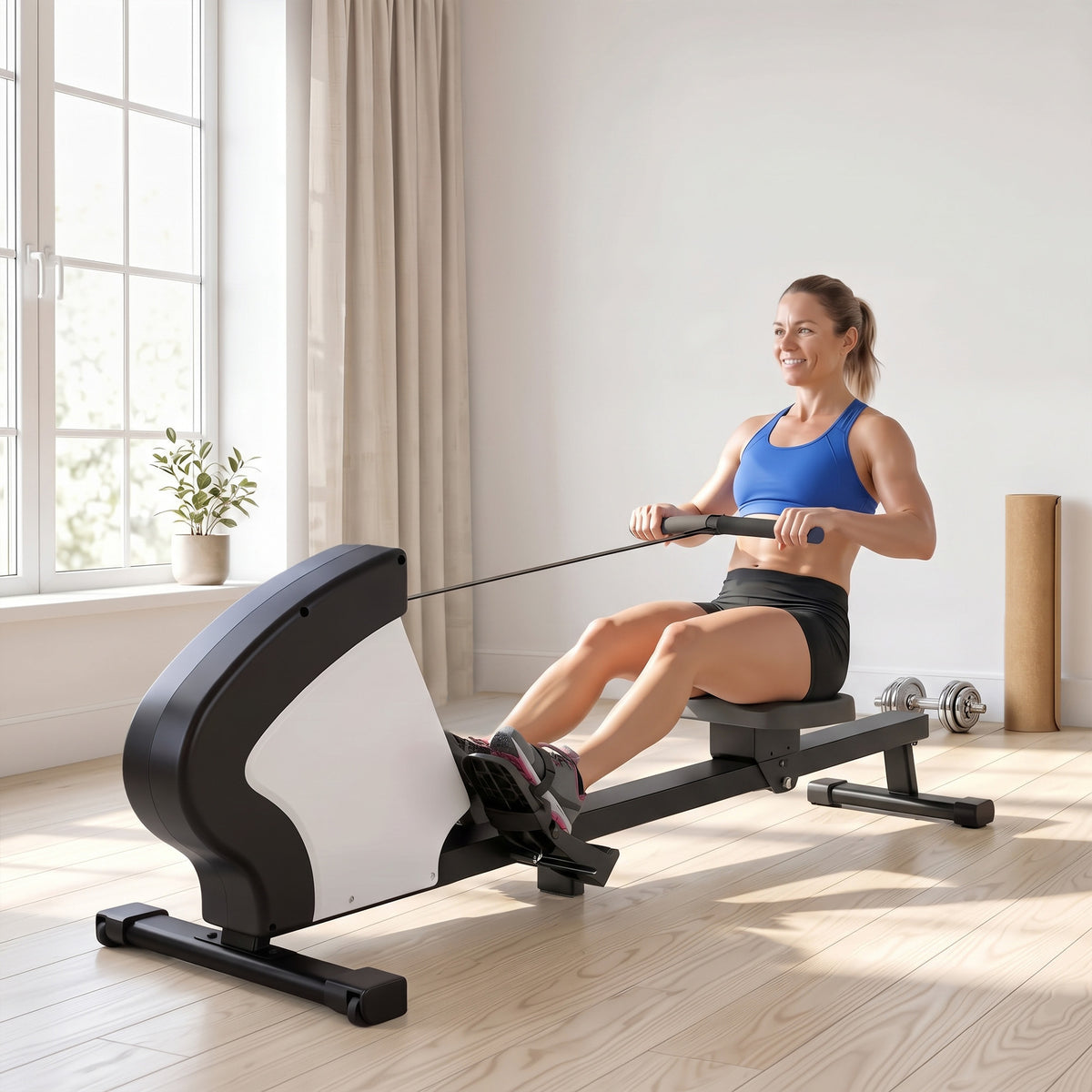 Rameur d'appartement pliable - 8 niveaux de résistance magnétique, écran LCD - acier noir blanc-7