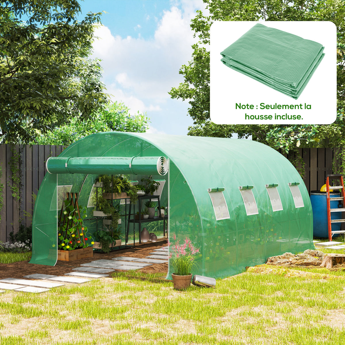 Bâche de rechange serre tunnel 12 m² 4 x 3 x 2 m PE anti-UV imperméable 8 fenêtres + porte enroulable zippée vert-1