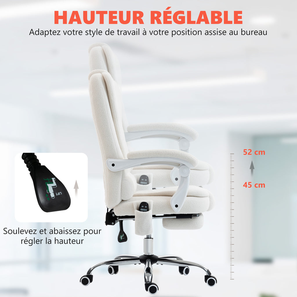 Fauteuil de bureau direction massant chauffant hauteur réglable dossier inclinable toile de lin blanc-5