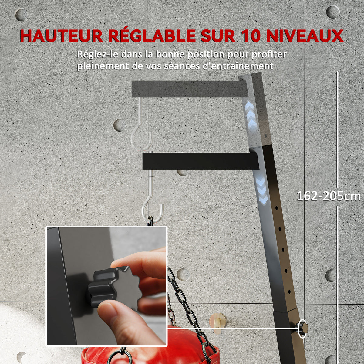 Support de sac de frappe sur pieds pliable réglable en hauteur avec base lestée charge max. 60 Kg acier noir-4