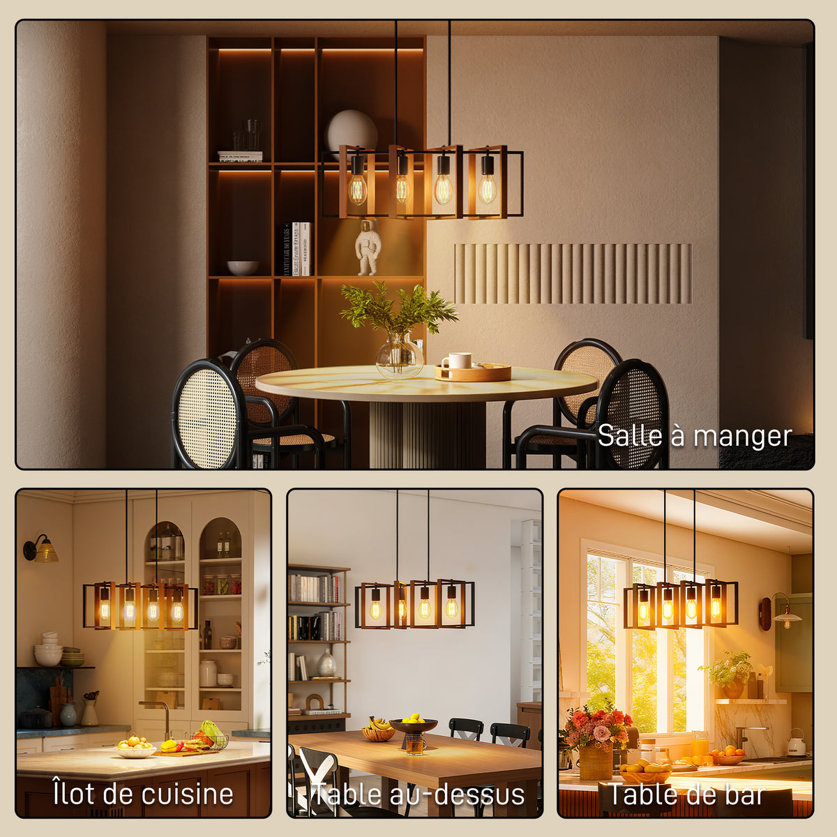 Suspension luminaire moderne, lustre plafonnier avec 4 cadres rotatifs et hauteur réglable, 80 x 21 x 90-130 cm, noyer-5