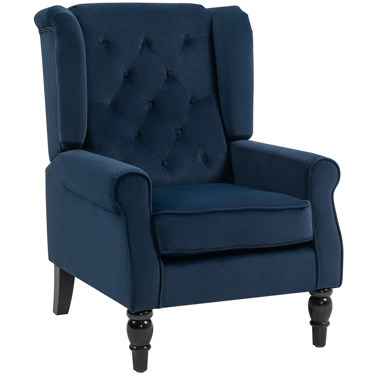 Fauteuil de salon capitonné avec assise large, pieds en bois, style classique, grand confort, 74x86x102cm, bleu foncé-0