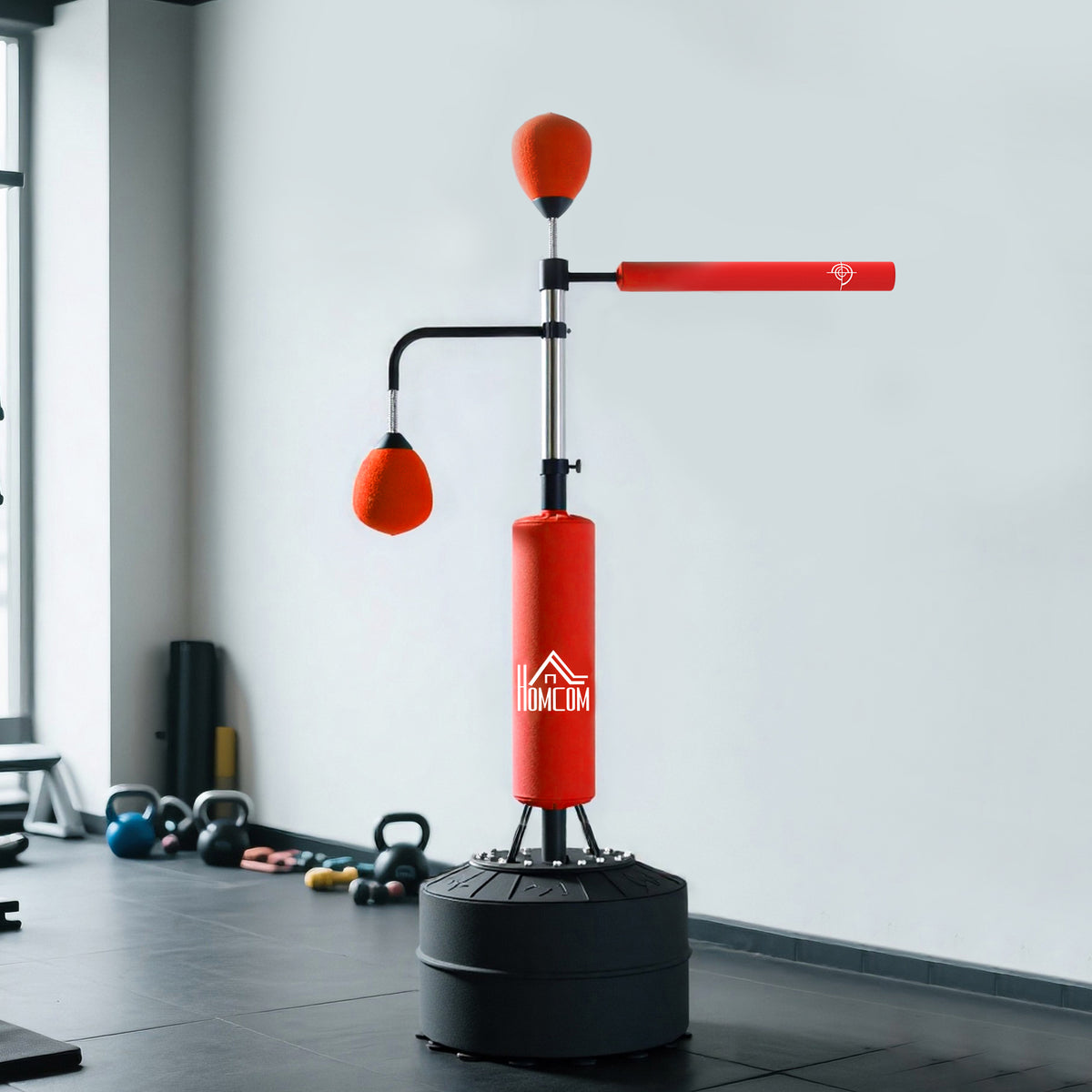 Sac de frappe sur pied 4 en 1 punching ball autonome balles de vitesse barre rotative gants 88 x 50 x 160-230 cm rouge-7