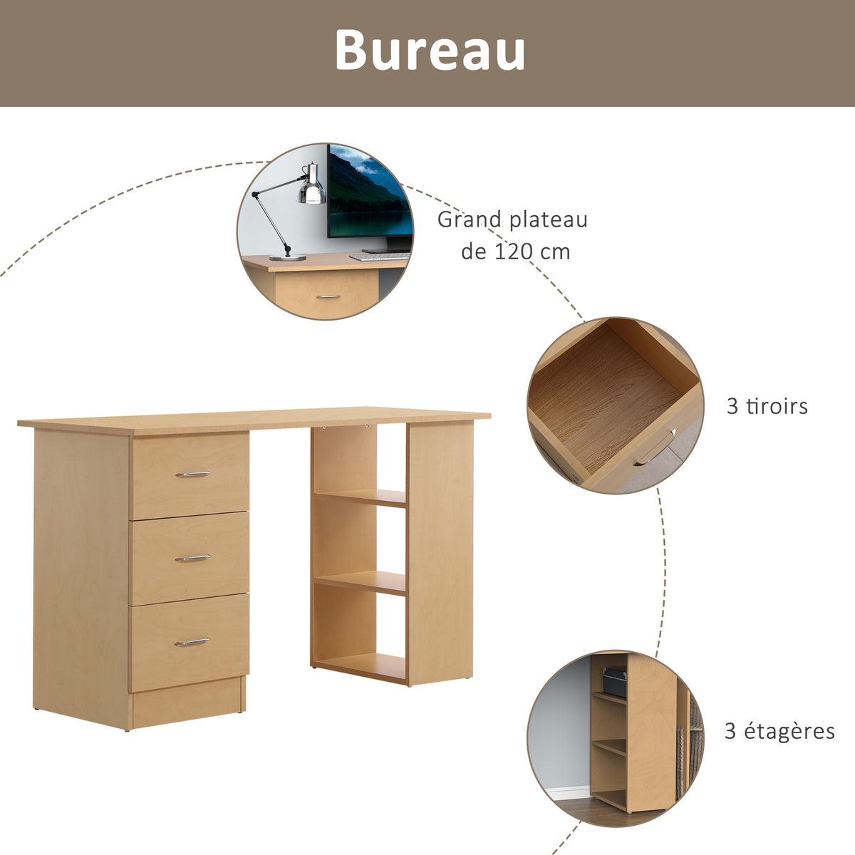 Bureau d'ordinateur avec 3 tiroirs et 3 étagères ouvertes, 120x49x72cm, bureau avec rangement réversible, style moderne, table informatique pour chambre, petit espace, télétravail, bois clair-3