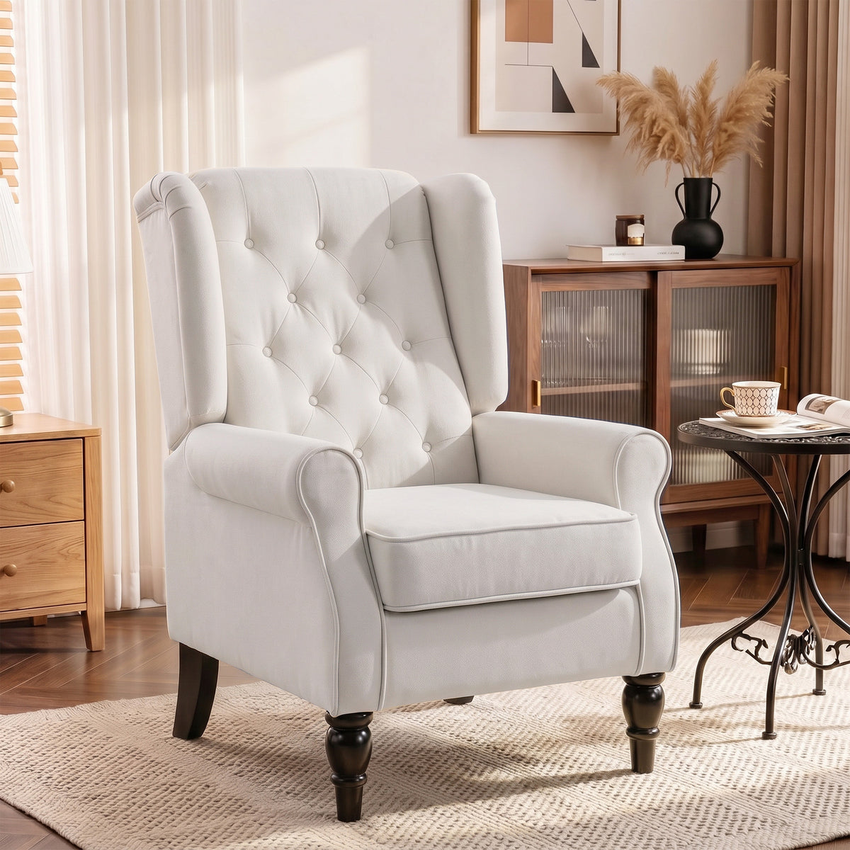 Fauteuil de Salon, Fauteuil d'Appoint Mi-Siècle Moderne en Flanelle Neige avec Haut Dossier Capitonné à Oreilles, Crème-9