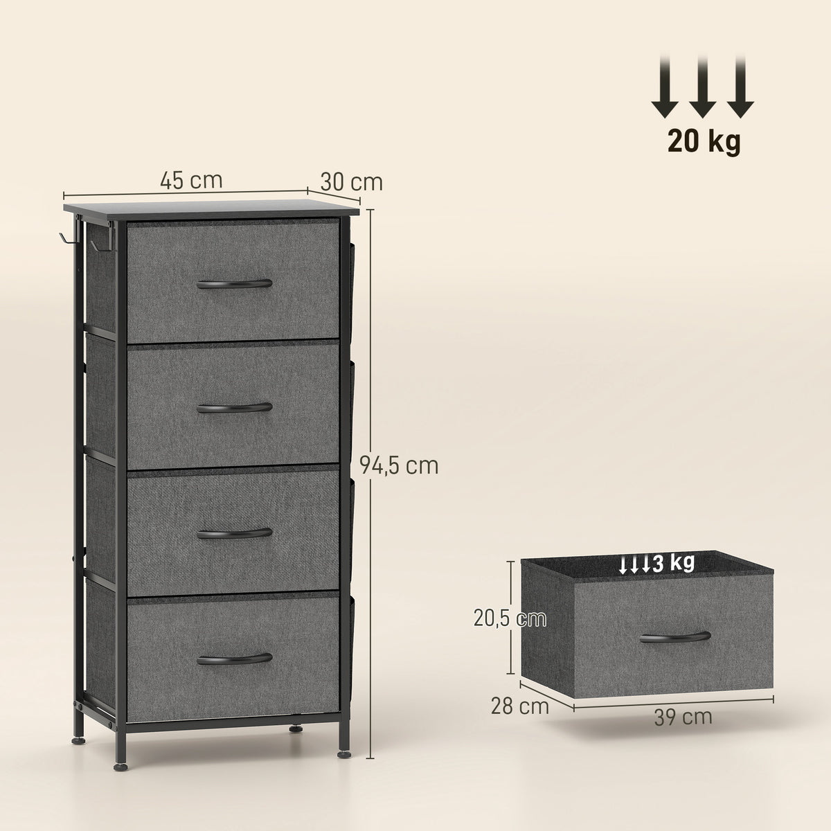 Commode 4 tiroirs en tissu, meuble de rangement avec 4 poches, 2 crochets, structure en acier, 45 x 30 x 94,5 cm, gris-2