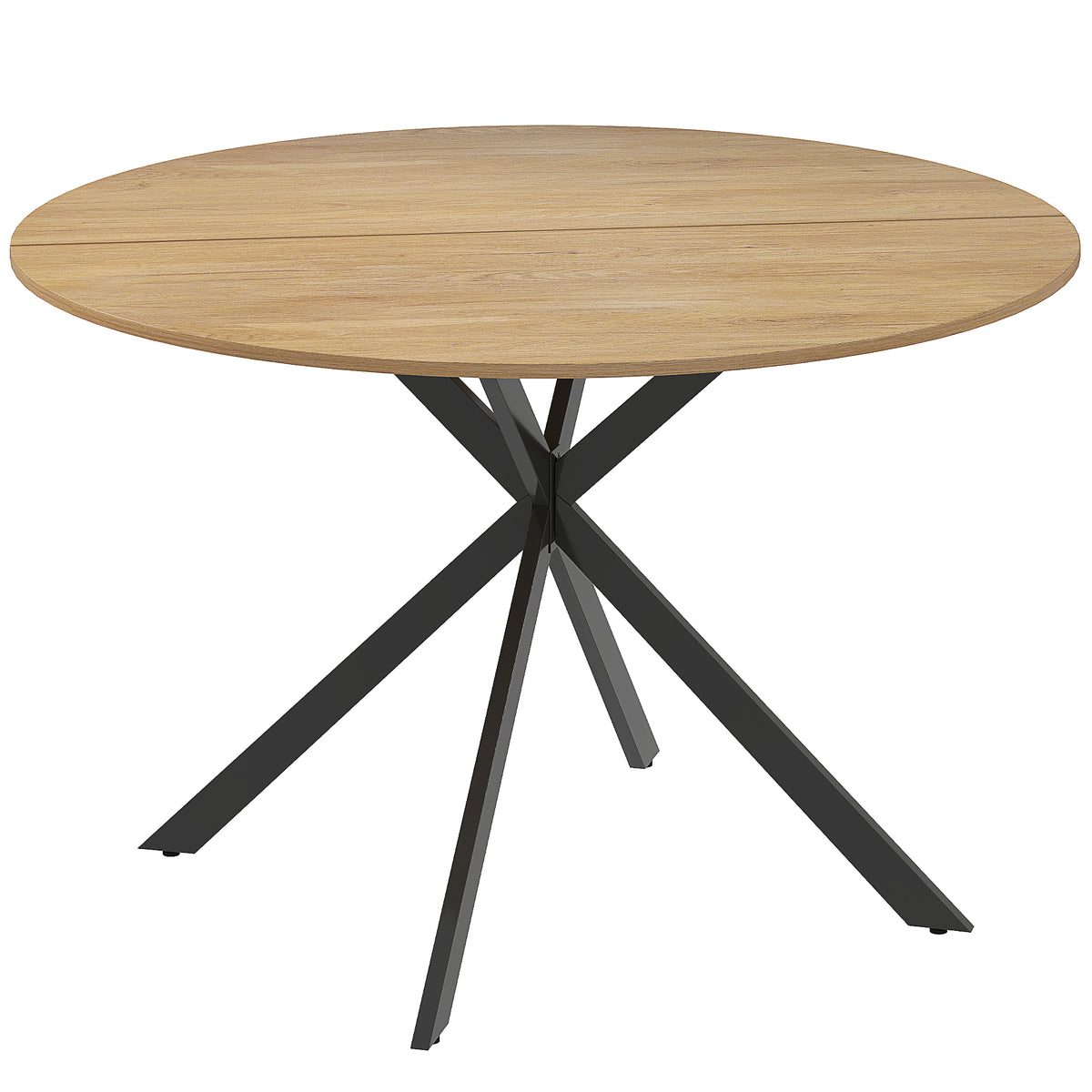 Table à manger ronde pour 4 personnes 120 cm style industriel avec plateau aspect bois, piètement croisé en acier, chêne-0