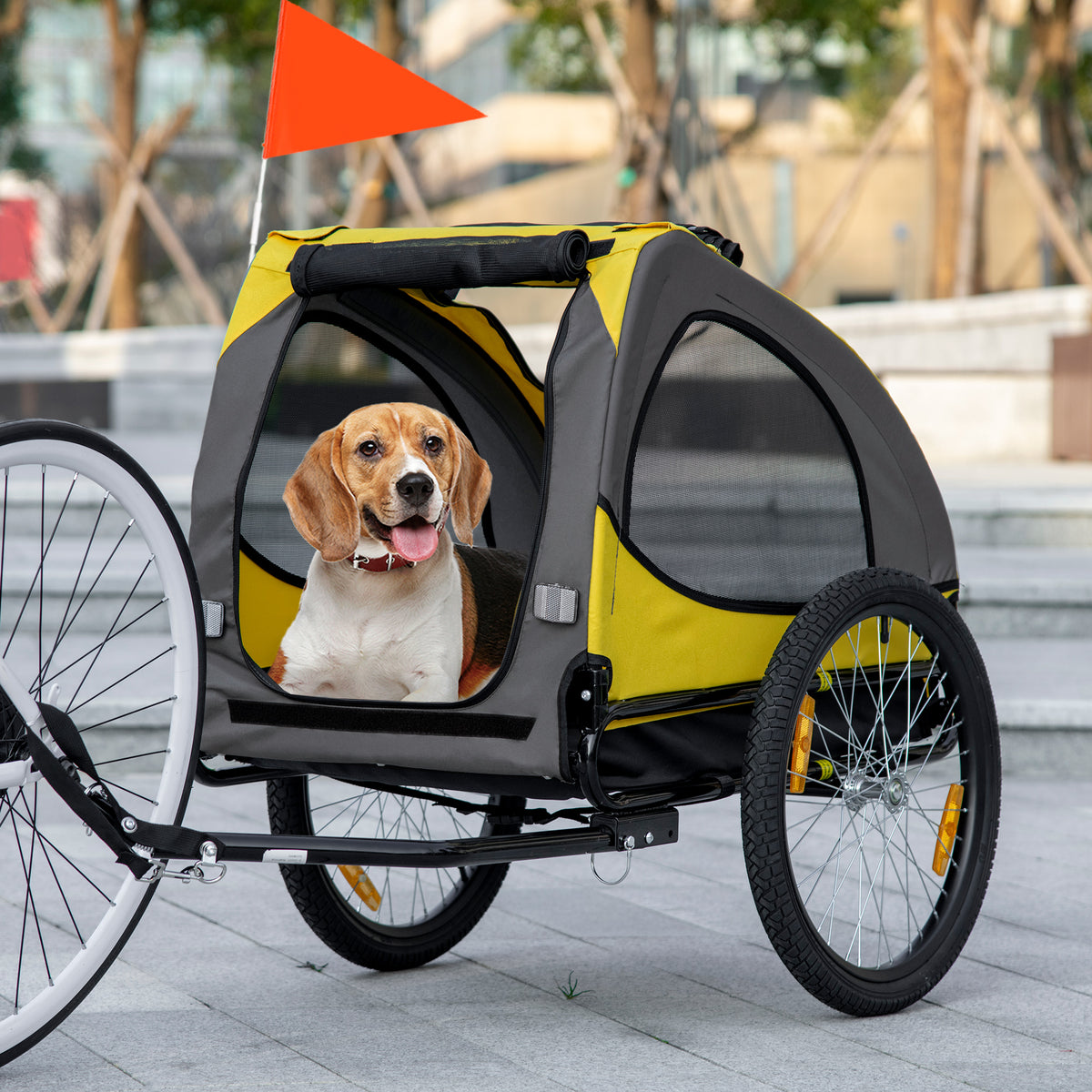 Remorque de vélo pour chien avec fenêtres en maille réflecteurs et drapeau de sécurité 140 x 71 x 83 cm jaune-9