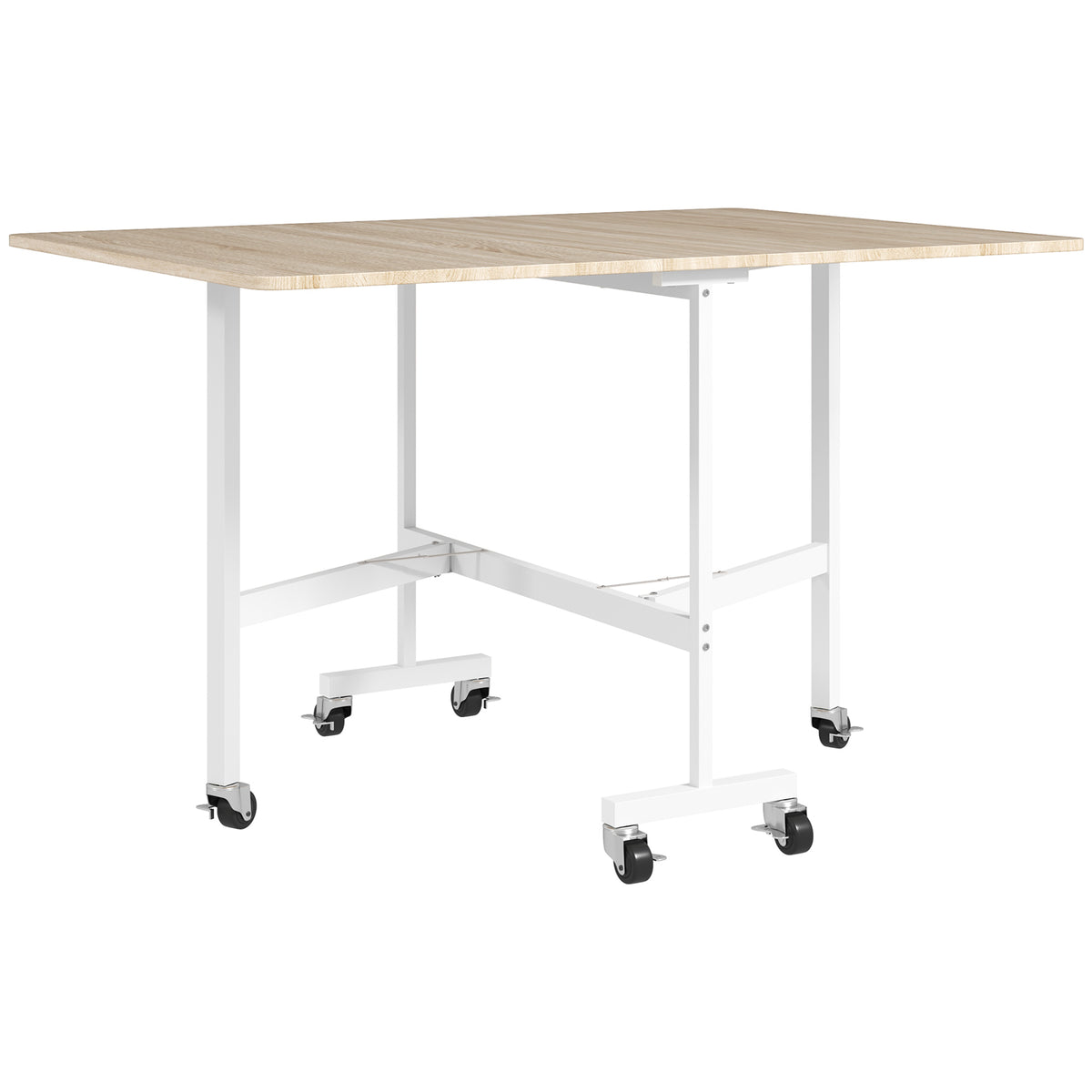 Table à Manger Pliante sur Roulettes pour 4-6 Personnes 120 cm, Roues avec Freins, 2 Abattants, Style Industriel, Chêne-0
