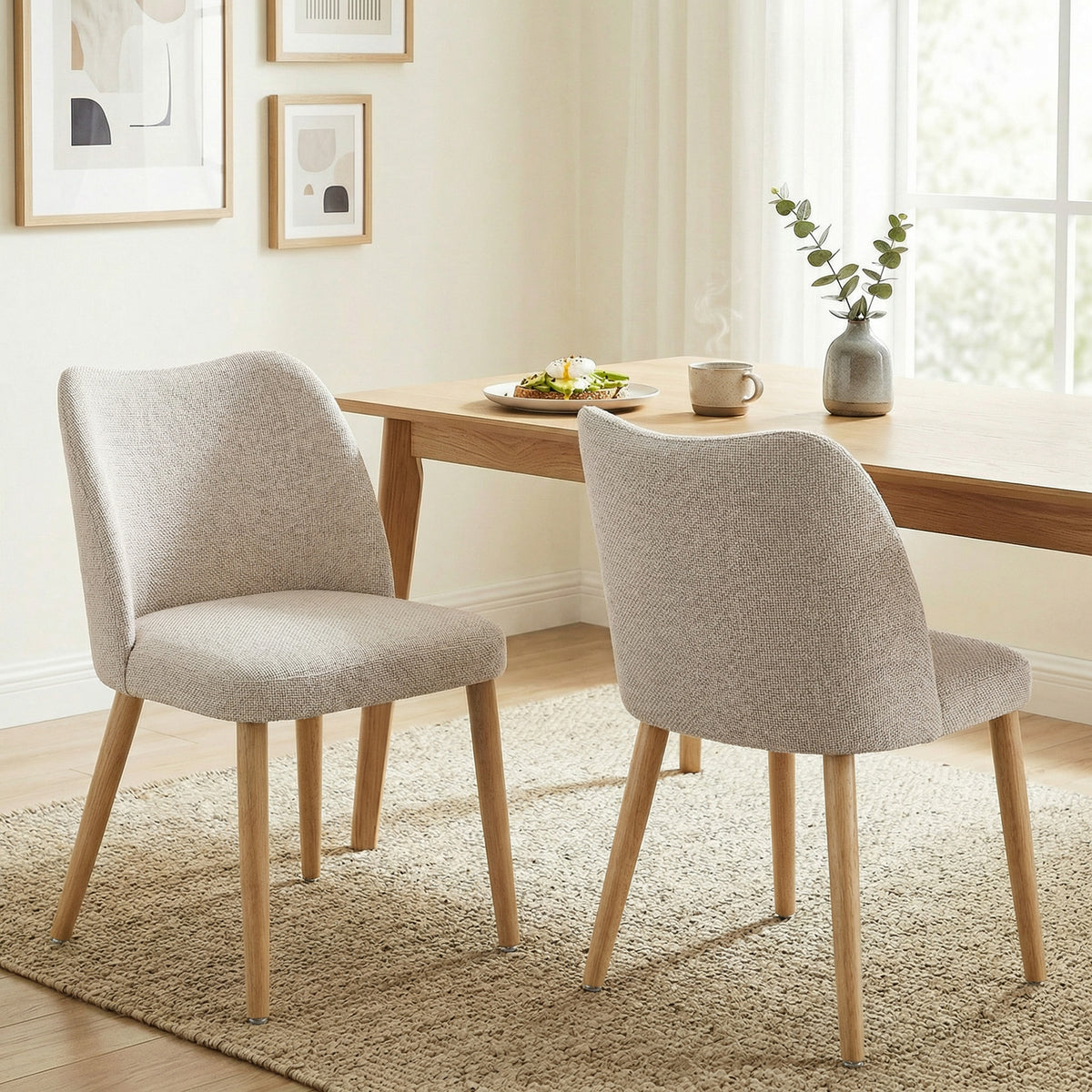 Lot de 2 Chaises de Salle à Manger, Chaises de Cuisine Rembourrées en Lin, Dossier Incurvé et Pieds d'Hévéa, Crème-1