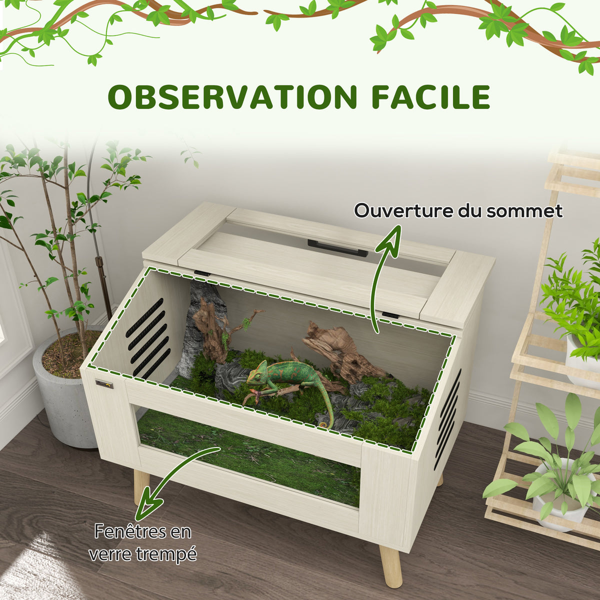 Terrarium pour reptiles, vivarium pour serpents 111L avec fenêtres en verre trempé, couvercle, 80 x 50 x 60 cm-4