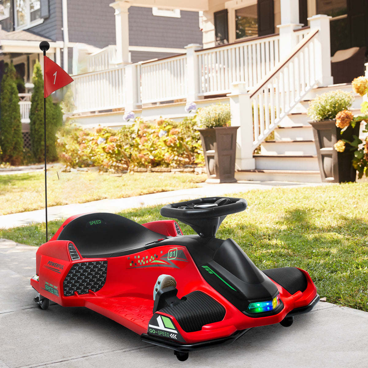 Kart électrique pour enfant 12V, karting enfant, vitesse réglable 3-8 km/h, mode de dérive, 90 x 53 x 99 cm, rouge-1