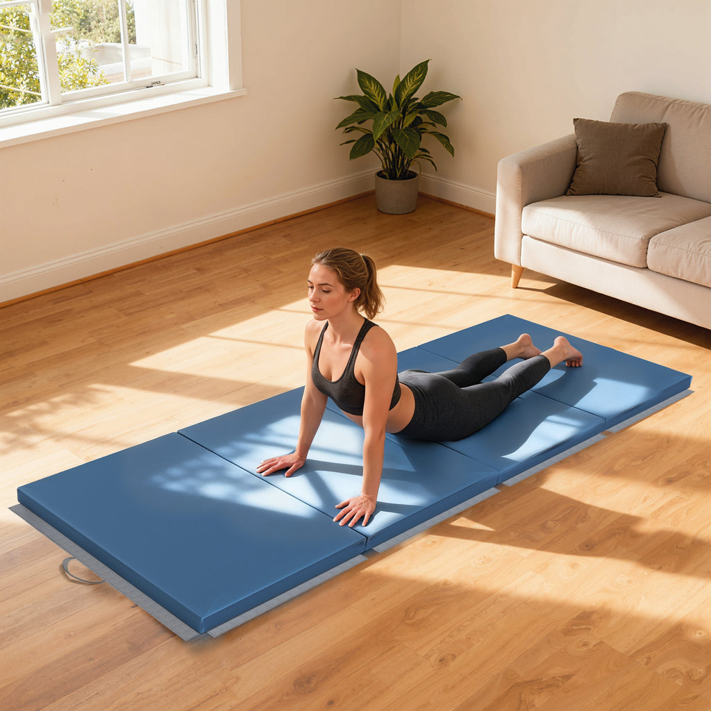 Tapis de gymnastique yoga pilates fitness pliable en 4 avec poignées revêtement synthétique 240 x 120 x 5 cm bleu clair-8