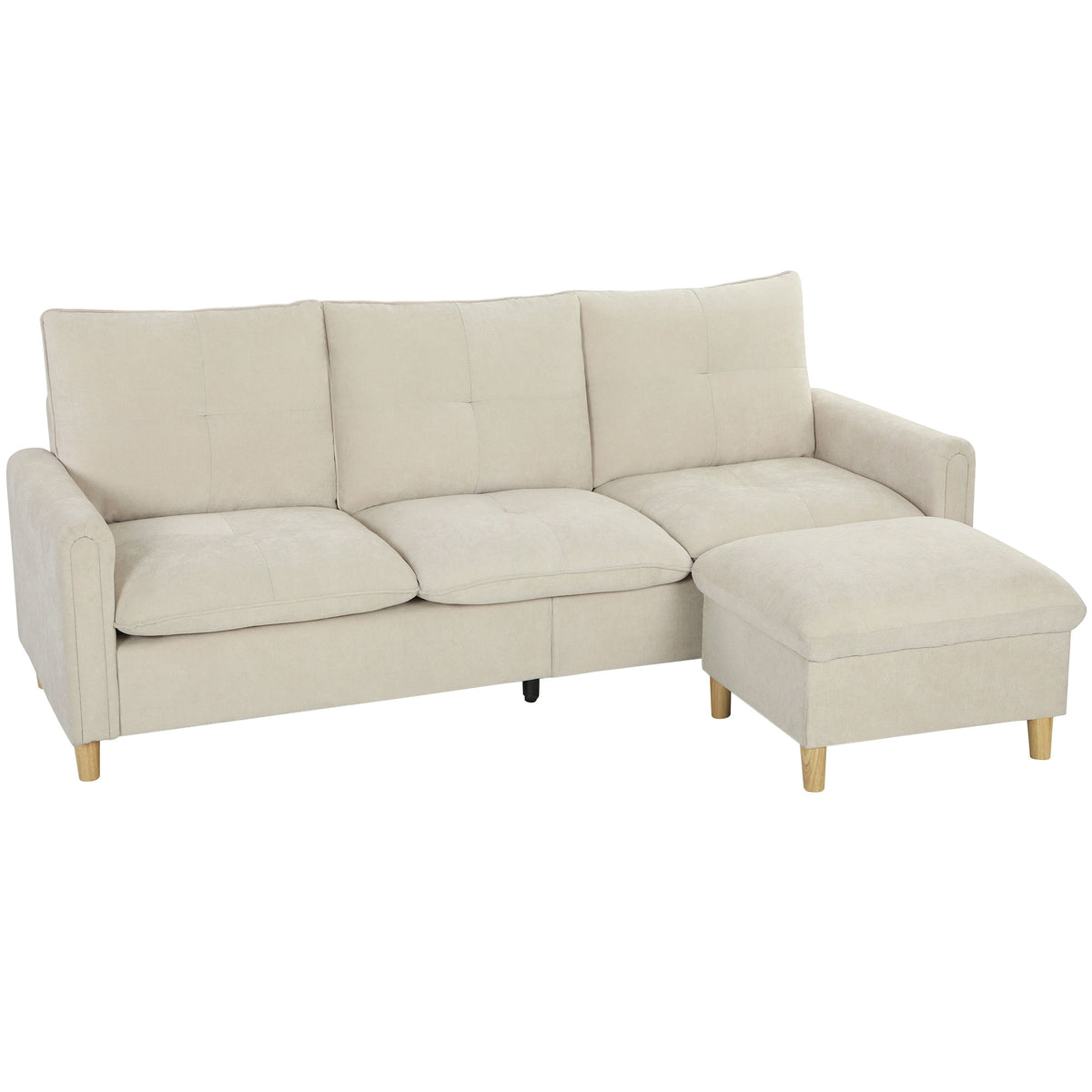 Canapé 3 places avec pouf de rangement, canapé d'angle modulable 210 cm, assise large, tissu aspect lin, crème-0