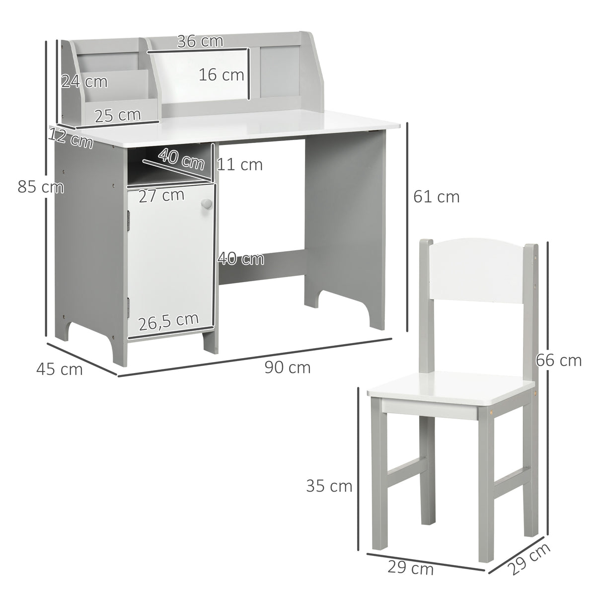 Ensemble table et chaise pour enfant avec tableau blanc - bureau pour enfant +5 ans - 90L x 45l x 85H cm Gris-2