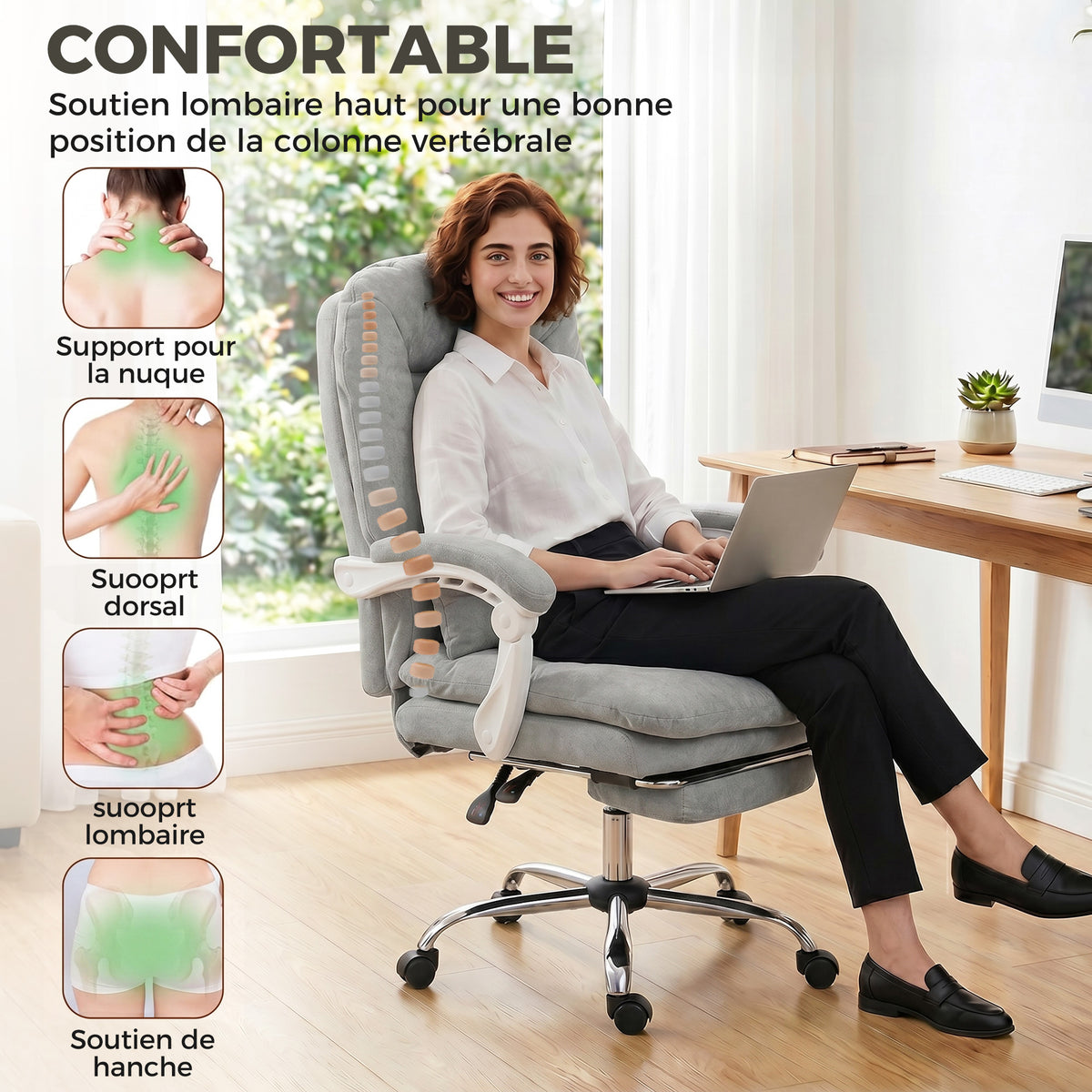 Chaise bureau ergonomique, fauteuil de bureau inclinable en velours avec support lombaire, hauteur réglable, gris clair-3