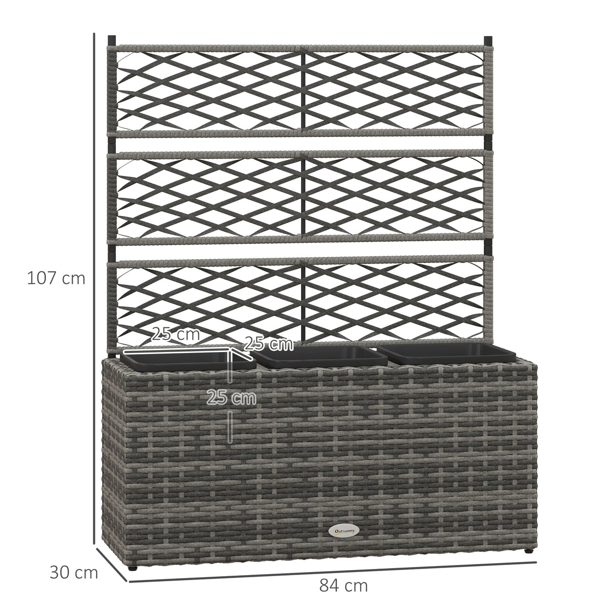 Jardinière pour plantes avec treillis 3 bacs à plante 33L en résine tressée et acier dim. 84L x 30L x 107H cm-2