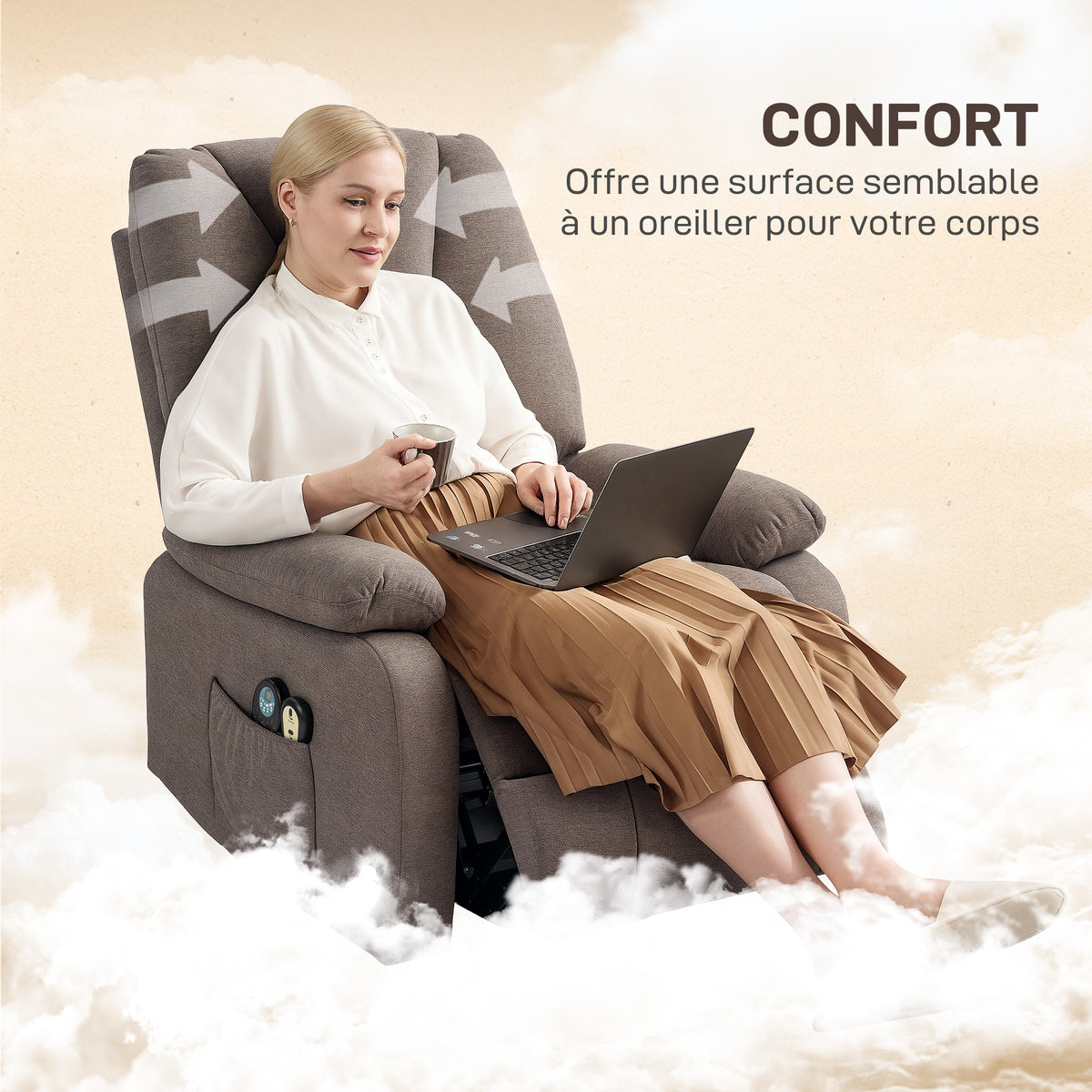 Fauteuil releveur électrique inclinable avec repose-pied et télécommande, tissu polyester aspect lin marron-6
