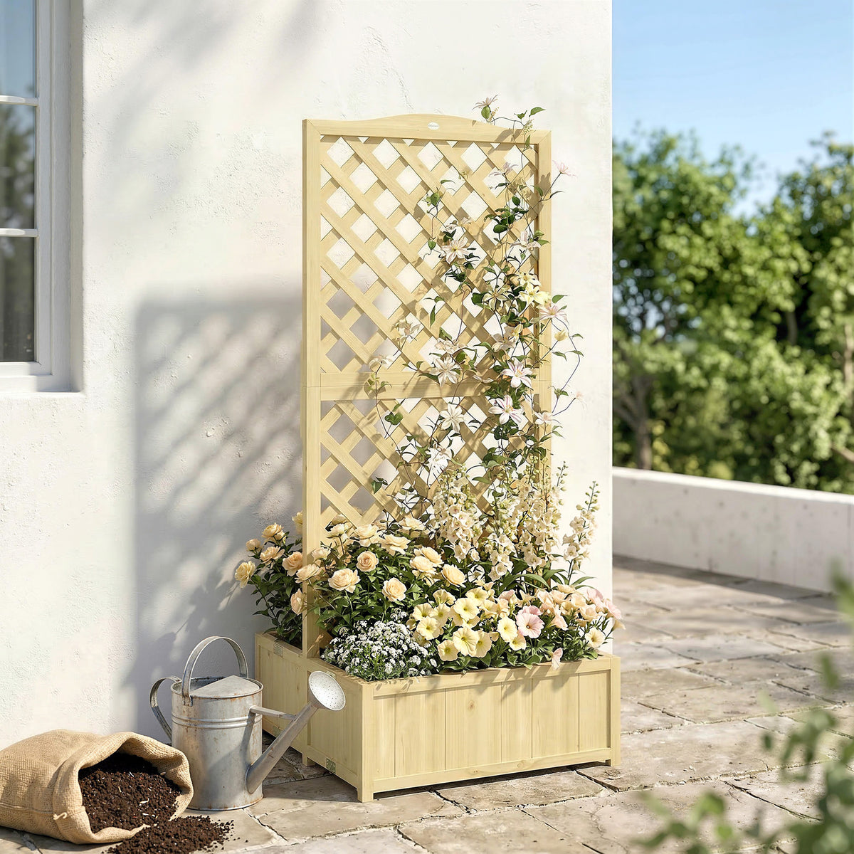 Jardinière avec Treillis Carré Potager Bois Pliable Double Bac à Fleurs pour Plantes Grimpantes 73 x 70 x 170 cm Naturel-1